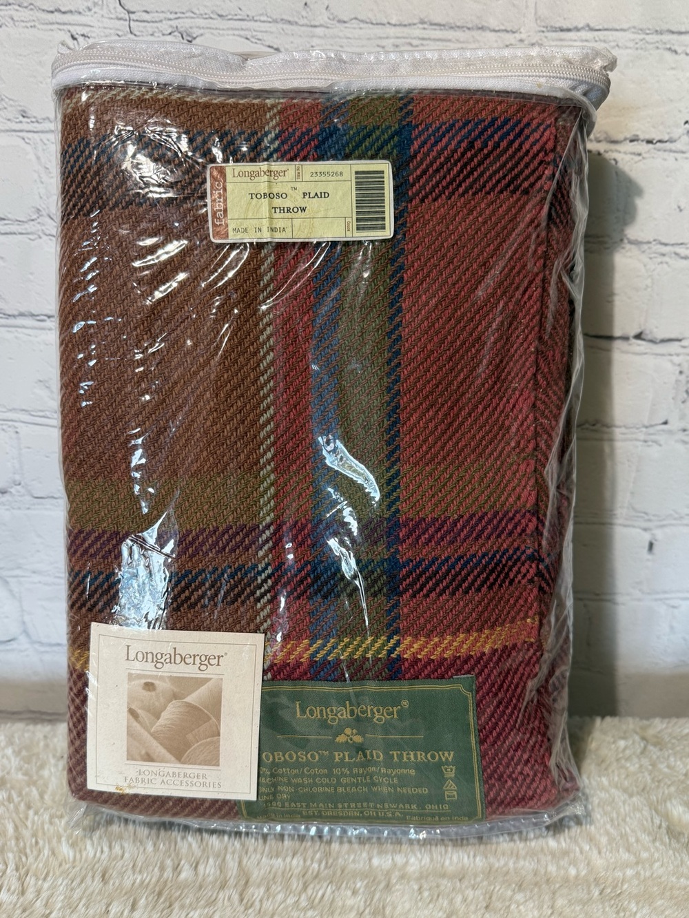 New Longaberger TOBOSO plaid throw in original packaging